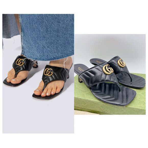 Gucci GG Marmont Chevron Black Kitten Heels Thong Sandals Leather EU 38.5 US 8.5 - Picture 1 of 13